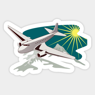 Vintage Propeller Airplane Flying over Mountain Sticker